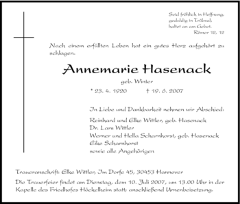 Todesanzeige von Annemarie Hasenack von HNA