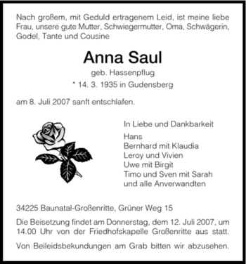 Todesanzeige von Anna Saul von HNA