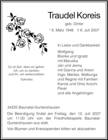 Todesanzeige von Traudel Koreis von HNA