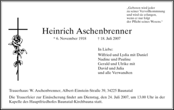 Todesanzeige von Heinrich Aschenbrenner von HNA