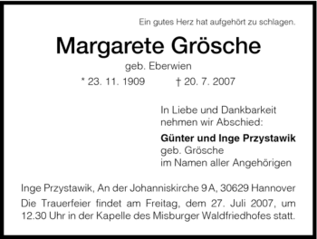 Todesanzeige von Margarete Grösche von HNA