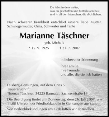 Todesanzeige von Marianne Täschner von HNA