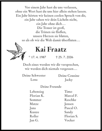 Todesanzeige von Kai Fraatz von HNA