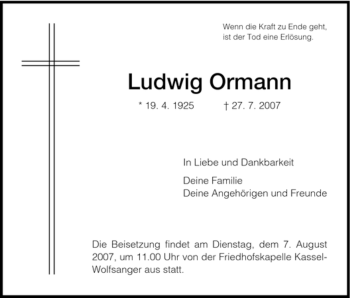 Todesanzeige von Ludwig Ormann von HNA