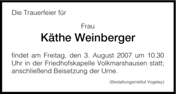 Todesanzeige von Käthe Weinberger von HNA