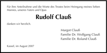 Todesanzeige von Rudolf Clauß von HNA