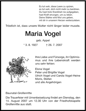 Todesanzeige von Maria Vogel von HNA