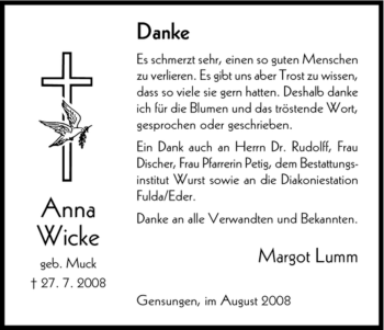 Todesanzeige von Anna Wicke von HNA