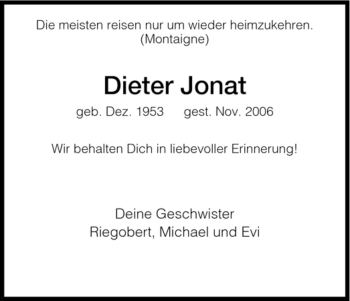 Todesanzeige von Dieter Jonat von HNA