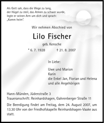 Todesanzeige von Lilo Fischer von HNA