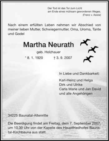 Todesanzeige von Martha Neurath von HNA