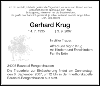 Todesanzeige von Gerhard Krug von HNA