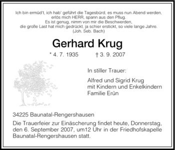 Todesanzeige von Gerhard Krug von HNA