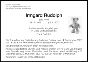 Todesanzeige von Irmgard Rudolph von HNA