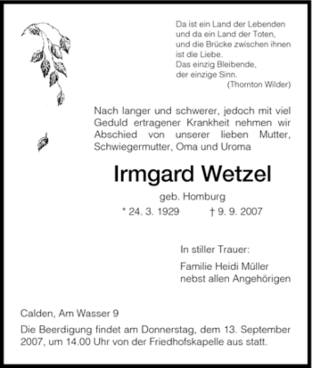 Todesanzeige von Irmgard Wetzel von HNA