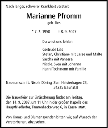 Todesanzeige von Mariann Pfromm von HNA