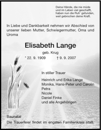 Todesanzeige von Elisabeth Lange von HNA