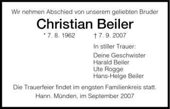 Todesanzeige von Christian Beiler von HNA