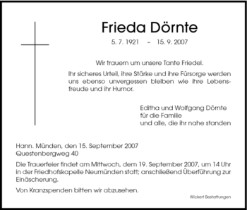 Todesanzeige von Frieda Dörnte von HNA