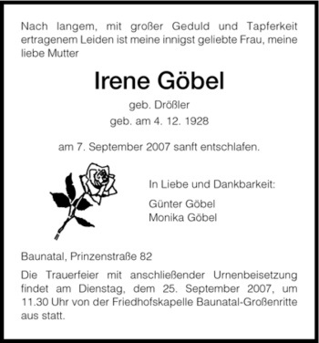 Todesanzeige von Irene Göbel von HNA