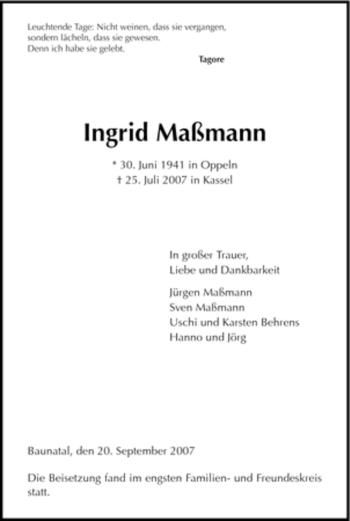 Todesanzeige von Ingrid Maßmann von HNA