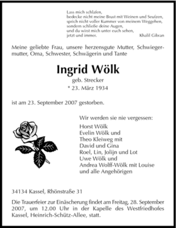 Todesanzeige von Ingrid Wölk von HNA