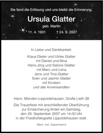 Todesanzeige von Ursula Glatter von HNA