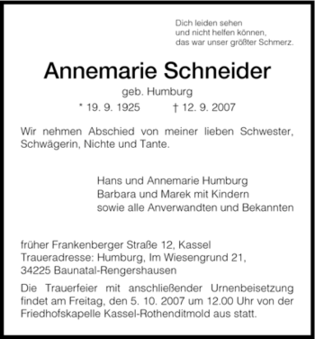 Todesanzeige von Annemarie Schneider von HNA