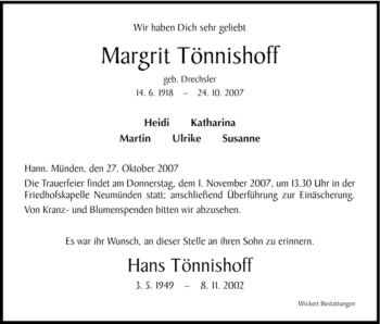 Todesanzeige von Margrit Tönnishoff von HNA