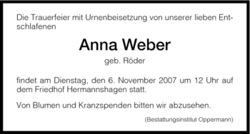 Todesanzeige von Anna Weber von HNA