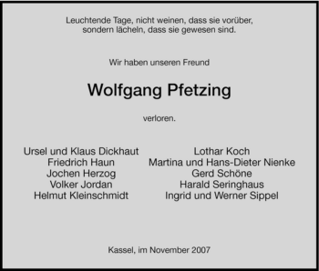 Todesanzeige von Wolfgang Pfetzing von HNA