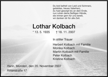 Todesanzeige von Lothar Kolbach von HNA