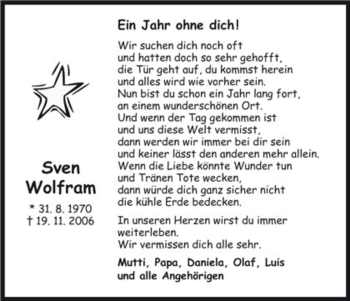 Todesanzeige von Sven Wolfram von HNA