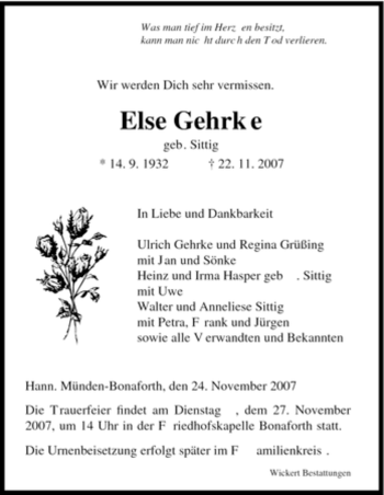 Todesanzeige von Else Gehrke von HNA