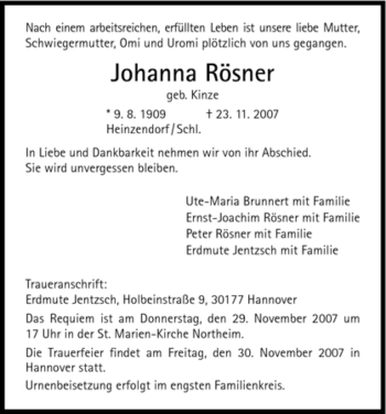 Todesanzeige von Johanna Rösner von HNA