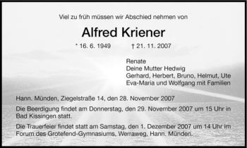 Todesanzeige von Alfred Kriener von HNA