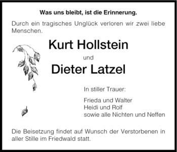 Todesanzeige von Kurt/Dieter Hollstein/Latzel von HNA