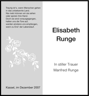 Todesanzeige von Elisabeth Runge von HNA