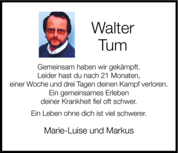 Todesanzeige von Walter Tum von HNA