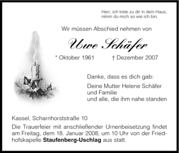 Todesanzeige von Uwe Schäfer von HNA