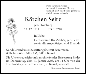 Todesanzeige von Kätchen Seitz von HNA