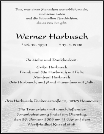 Todesanzeige von Werner Harbusch von HNA