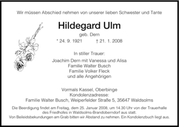 Todesanzeige von Hildegard Ulm von HNA