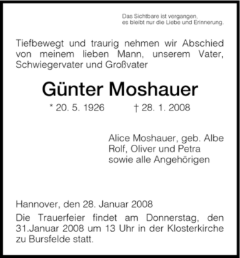 Todesanzeige von Günter Moshauer von HNA