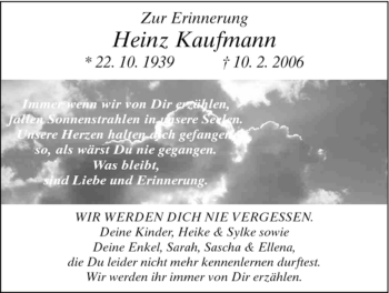 Todesanzeige von Heinz Kaufmann von HNA