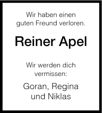 Todesanzeige von Reiner Apel von HNA