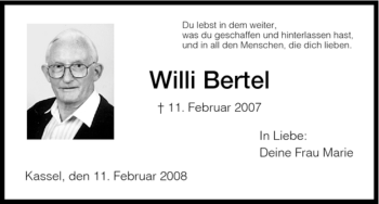 Todesanzeige von Willi Bertel von HNA