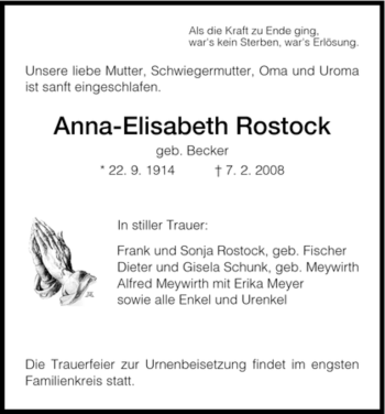 Todesanzeige von Anna-Elisabeth Rostock von HNA