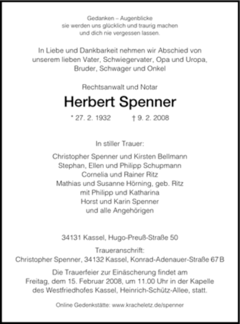 Todesanzeige von Herbert Spenner von HNA