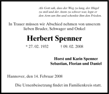 Todesanzeige von Herbert Spenner von HNA